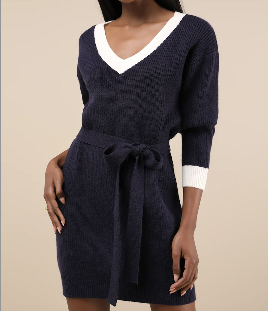 Lulus Cuddly Forecast Navy Long Sleeve Belted Sweater Mini Dress Blue - Size S